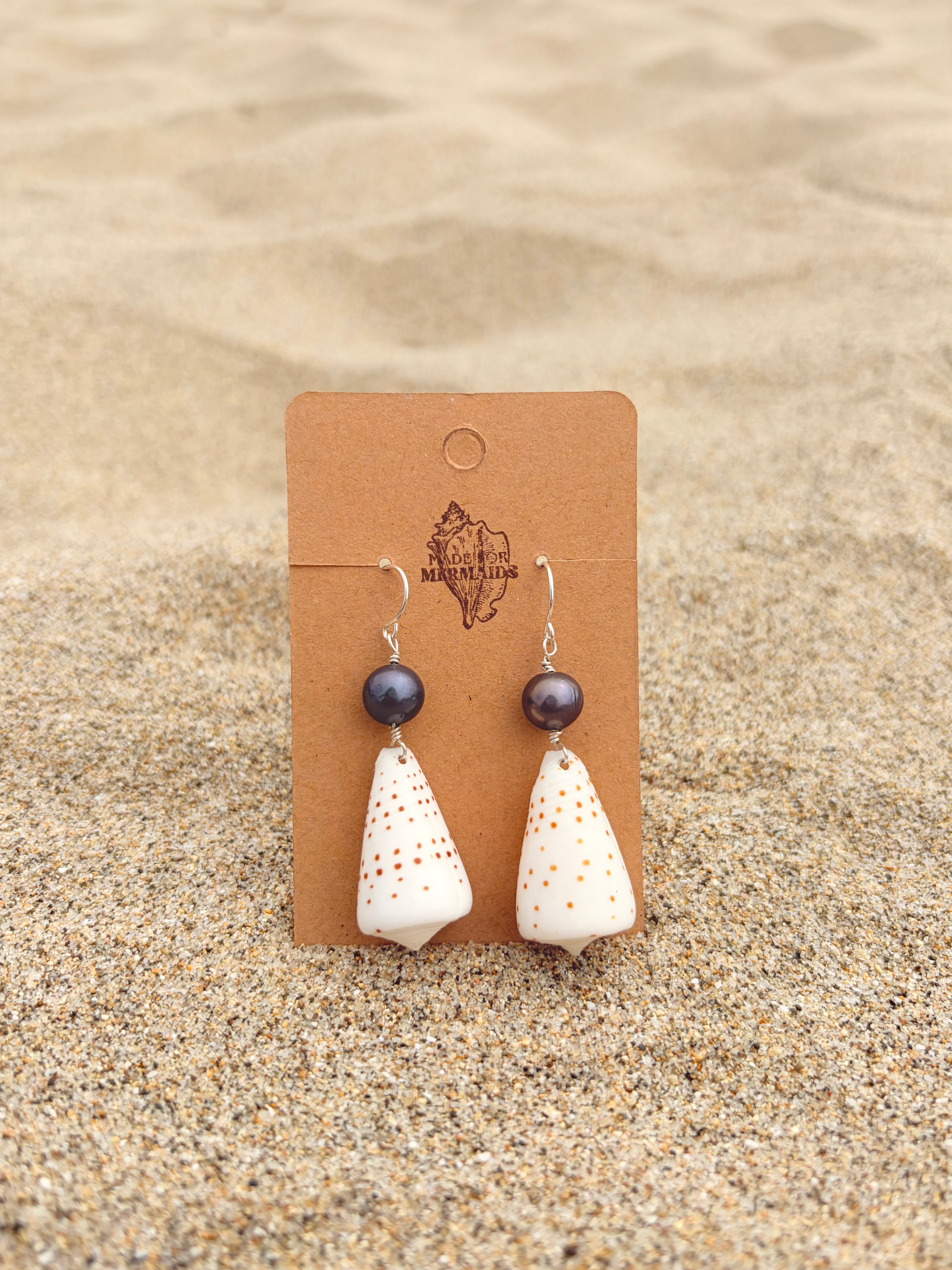 White Cone Black Pearl Earrings